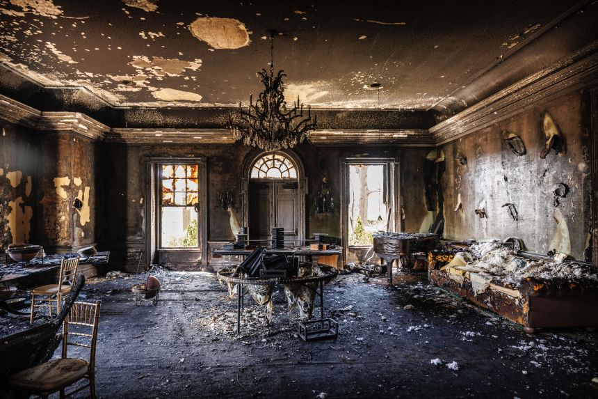 Damage to the Pennsylvania Governor's Residence is seen in April 2025 in Harrisburg.